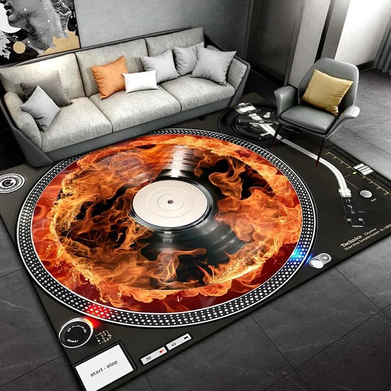 Living Room, Bedroom, Office,Black Carpet, Retro Disc Player Vinyl Records Pattern Carpet, Stain-resistant Carpet, Fast Delivery