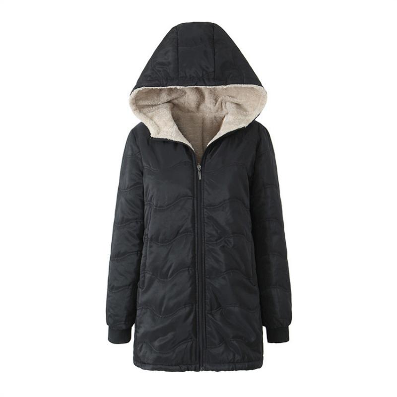 2026 Herbst Winter Damen Wellenmuster Kapuzenmantel Mittellang, Mit Kunstlammfell gefütterte lockere Thermojacke, Warmer Parka aus Plüschfleece für kaltes Wetter