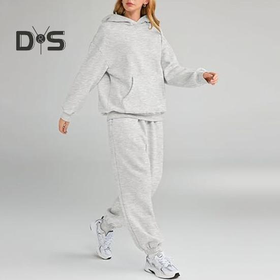 2 bucăți/set pantaloni sport pentru femei, cu glugă, cu mânecă lungă, de culoare pură, cu glugă, cu talie elastică, pantaloni largi, cu bandă la gleznă, ocazional, trening fitness zilnic