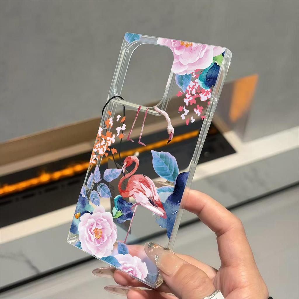 Clear Square Back Tube Case Protection For iPhone 12 16 ProMax 15 Plus 13 14 Pro Max 11 Anti-Oxygen,Flamingo Pattern Casing