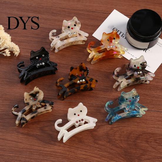 Hair Clip Women Claw Cat Shape Shiny Rhinestones Inlaid Plastic Anti-slip Teeth Back Head Shark Clamp Accessory