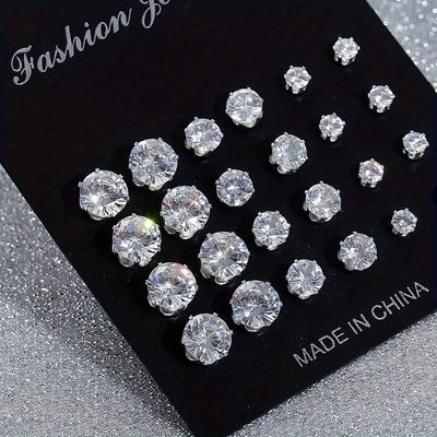 12 Pair/Lot White Shiny Cubic Zircon Wedding Stud Earrings Set for Women And Men Minimalist Jewelry Accessories Gift