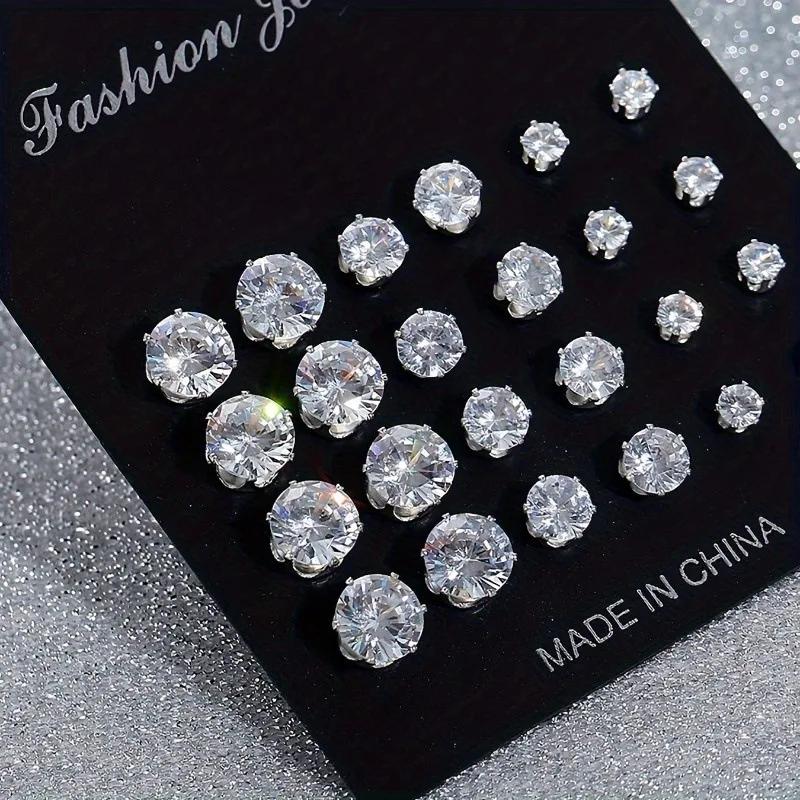 12 Pairs White Shiny Wedding Stud Earrings Set | CZ Cubic Zirconia Unisex Hypoallergenic Jewelry