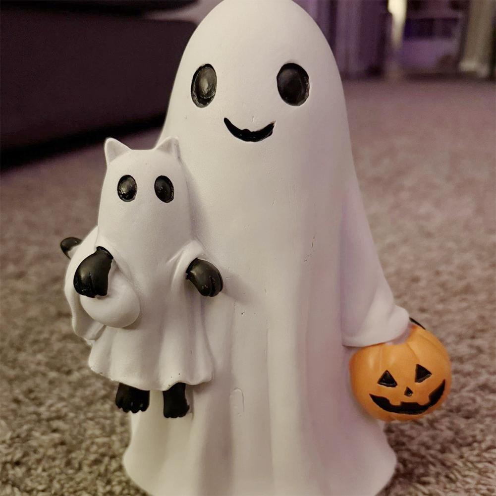 Halloween Ghost Tabletop Sculpture with Pumpkin Spooky Ghost Resin Figurine Hugging Cat for Friends Desktop Ornament