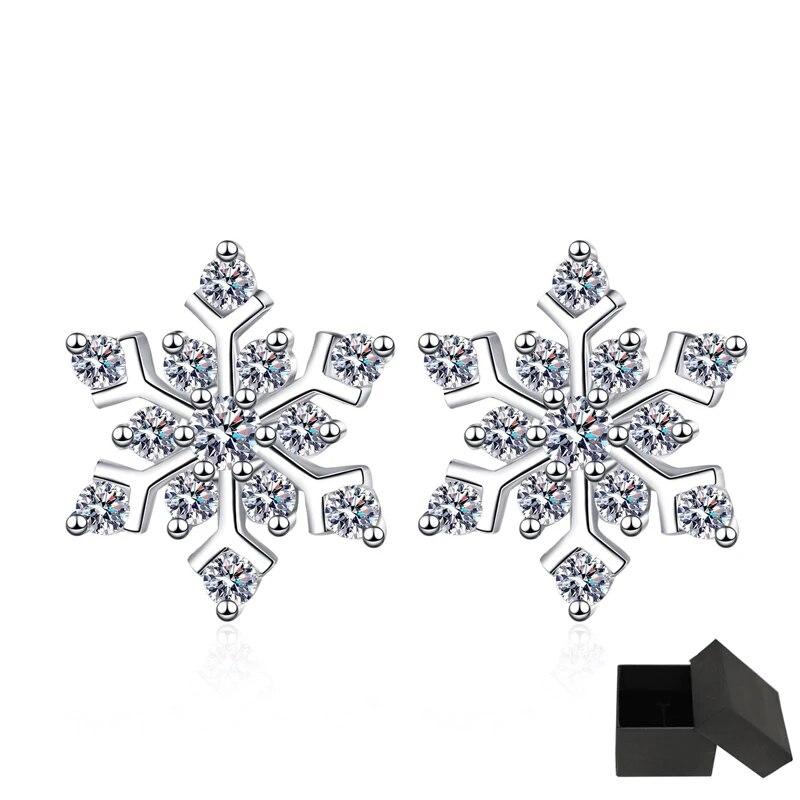 D-Farbtest bestanden, Moissanit-Ohrstecker, Damen-Schneeflocken-Ohrring, 925er-Sterlingsilber, rhodiniert, glitzernder, feiner Schmuck, Geschenk