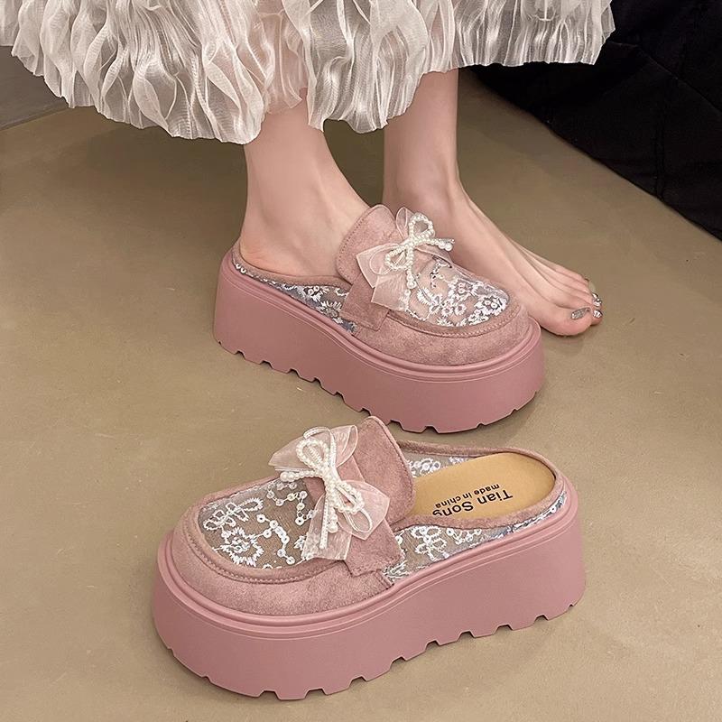 Bow pearl thick-bottomed bag head half slippers women's summer wear 2025 new small height-increasing mesh cool slippers