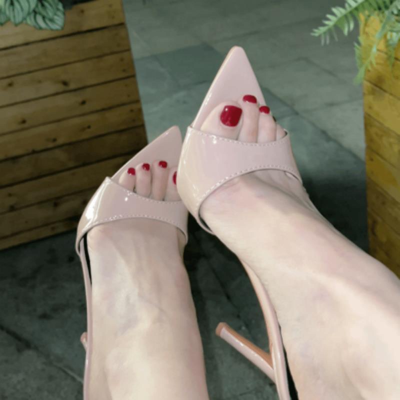 Nude high heels 2025 new popular women's summer stiletto with patent leather sexy sandals pointed cool slippers outside