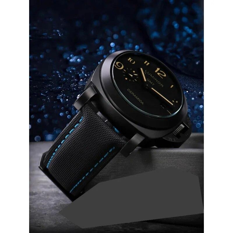 22mm 24mm 26mm Nylon Texture Leather Watchband for Panerai PAM01661 441 Marina Watch Strap Black Blue Line Watch Accessories