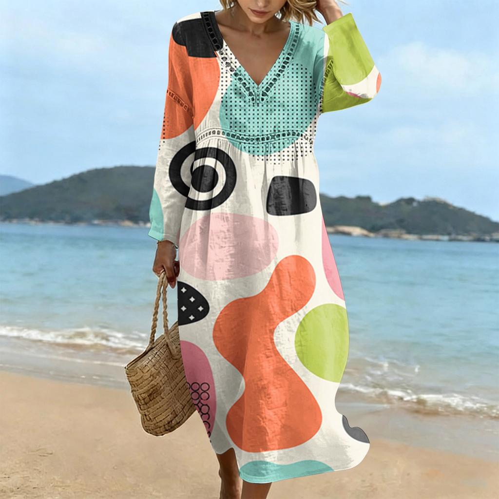 Fashionable lady's V-neck mid-length casual long-sleeved dress