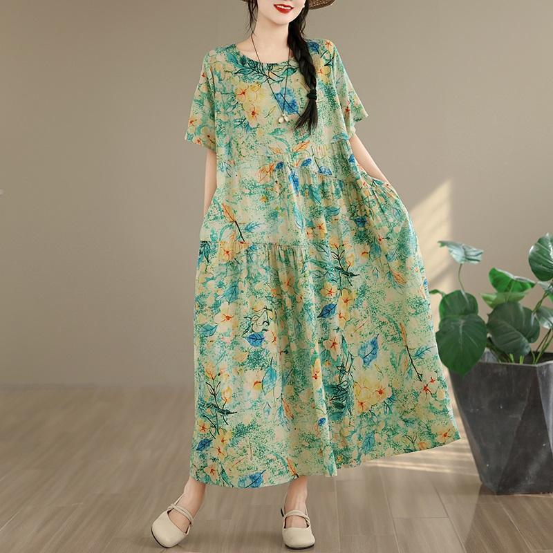 Kurzarm Plus Size Baumwolle Vintage Blumenmuster Neu in Kleidern für Damen lässig locker langes Sommerkleid