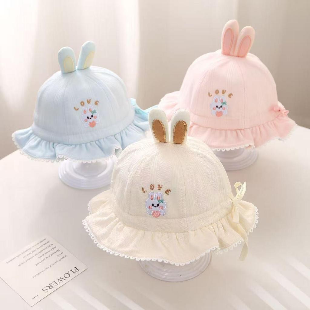 Cute Rabbit Baby Girl Bucket Hat Lace Ruffle Fisherman Cap for Toddler Kids Adjustable Drawstring Basin Caps
