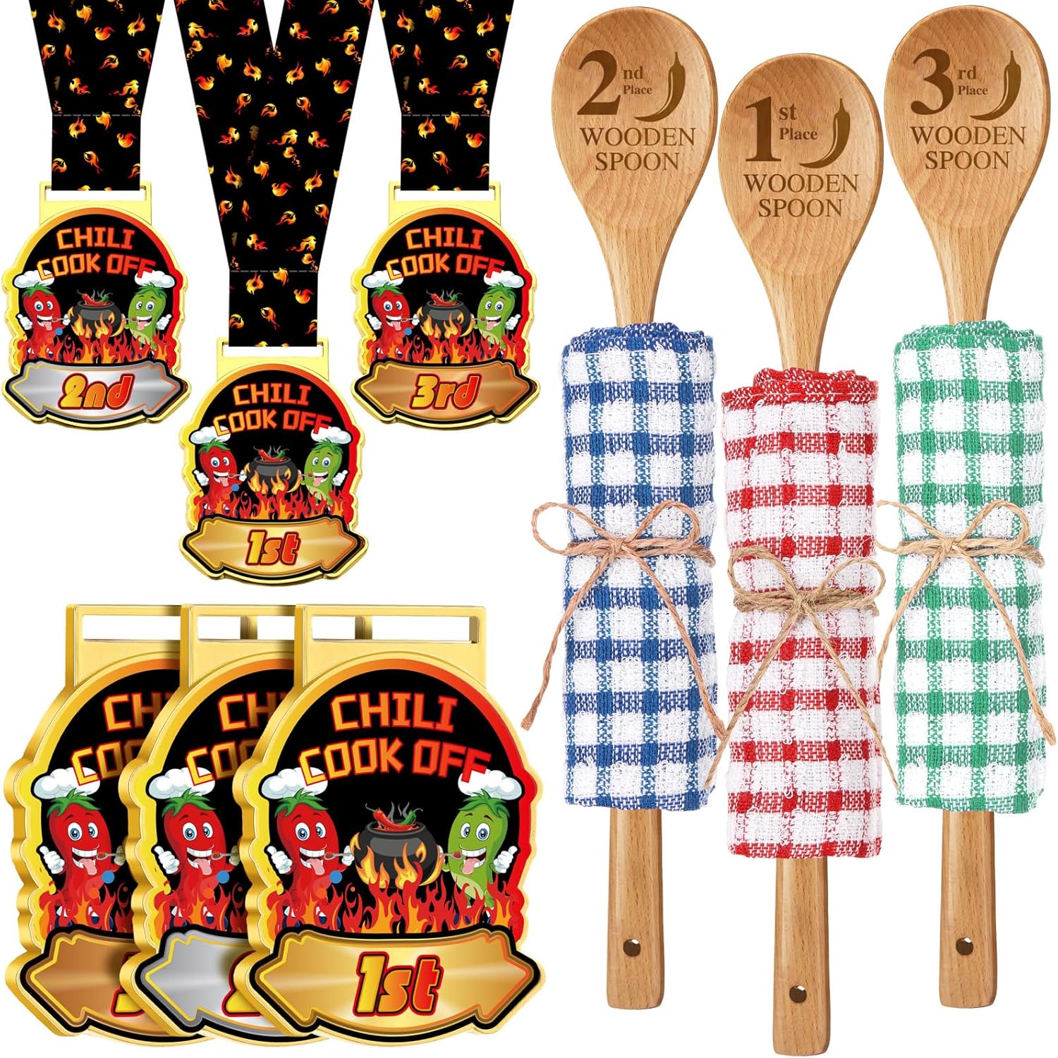 Quelay 9 Pcs Chili Cook off Trophies Prizes Set 1st 2nd 3rd Place Metal Medals Wooden Spoons for Cooking Cotton Towels Chili Cook off Decorations