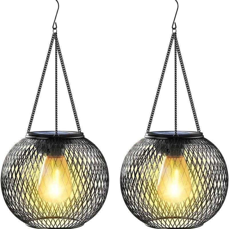 Solar Wrought Iron Tennis Lantern Mesh Pendant for Outdoor Garden Decoration