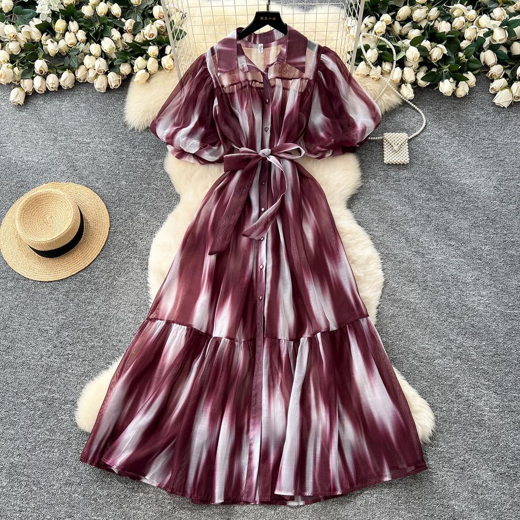Court style niche high-end bubble sleeve shirt dress women's French strap waist print pendulum long skirt