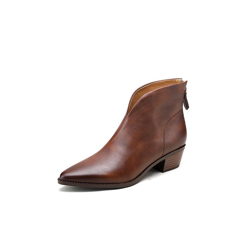2024 Tömör Alap Női Bokacsizma Spitze Orr Érett Cipők Nő Hátul Cipzáros Ősz Tél Új Valódi Bőr Irodai Hölgy