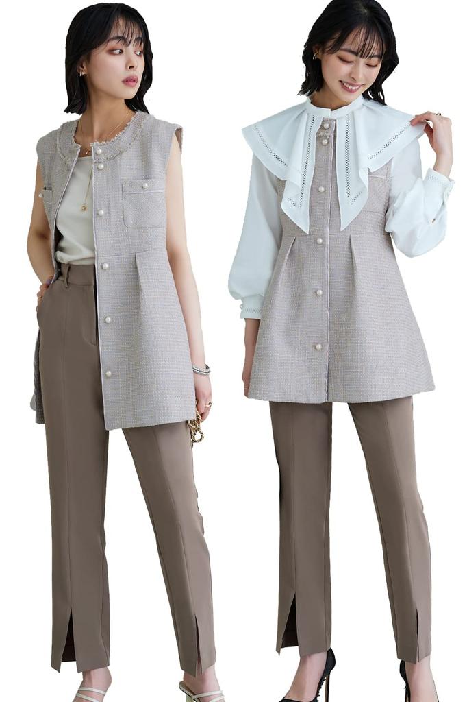 Louet Tweed Gilet Slim Straight Pants Suit Pants Dress Setup Mom Pants Suit Formal Casual Large Size Ceremony Entrance Ceremony Graduation Ceremony