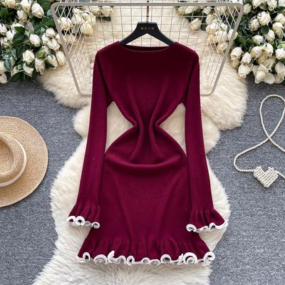 O Yaka Mizaç Örme Kadın Elbiseleri Sonbahar Yeni Yama İşli Fırfırlı Vestidos Slim Bel Vücuda Oturan Alevli Kol Elbise