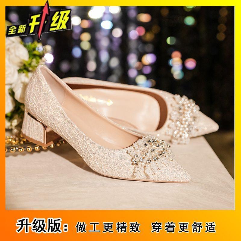 French wedding shoes, bridal shoes, high heels, women's 2025, thick heels, gentle pearls, can usually be worn without tired feet, single shoe women