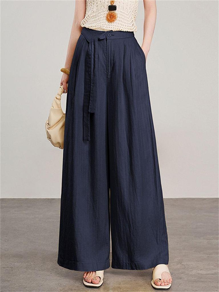 Lace-Up High Waist Cotton Linen Wide-Leg Cropped Pants