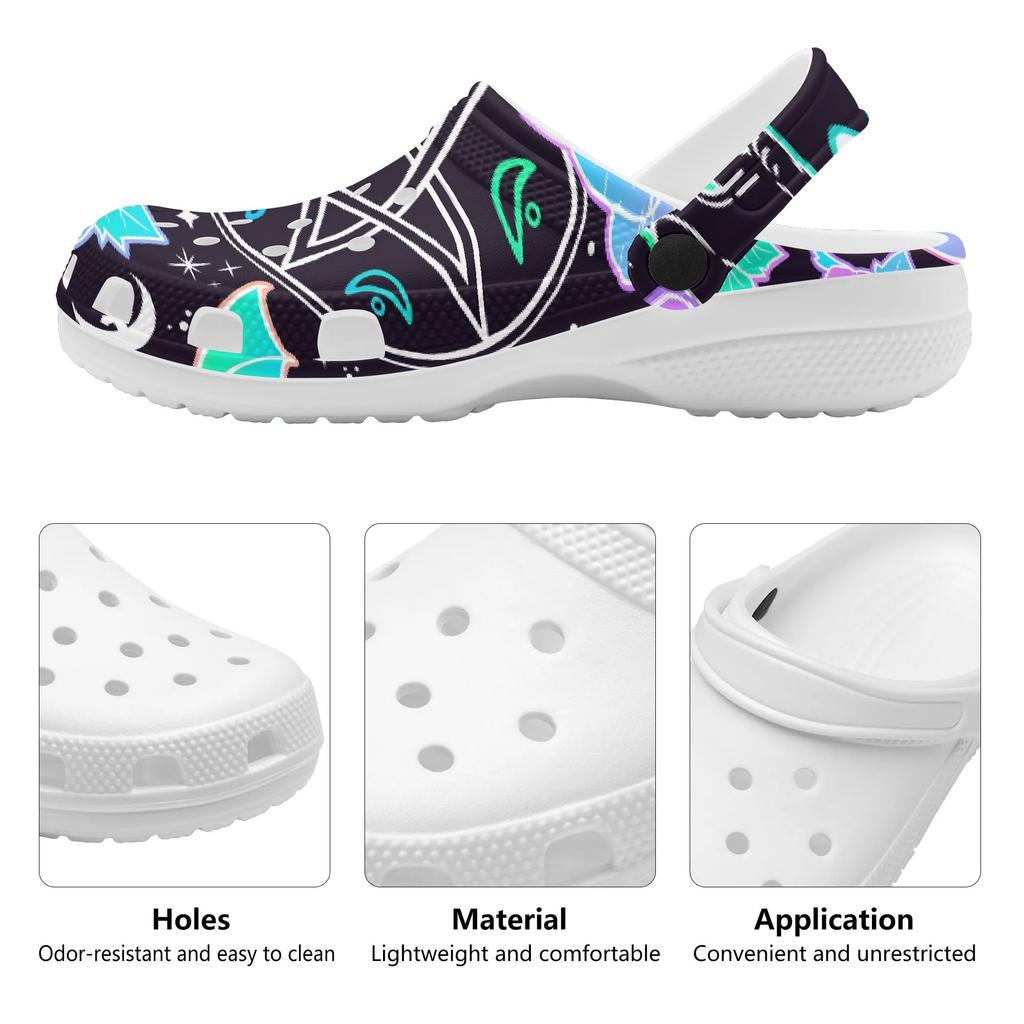 White EVA Clogs with Colorful Eye Print, Lightweight Slip On Garden Shoes, Breathable Beach Sandals, Indoor Outdoor Slippers for Men Women