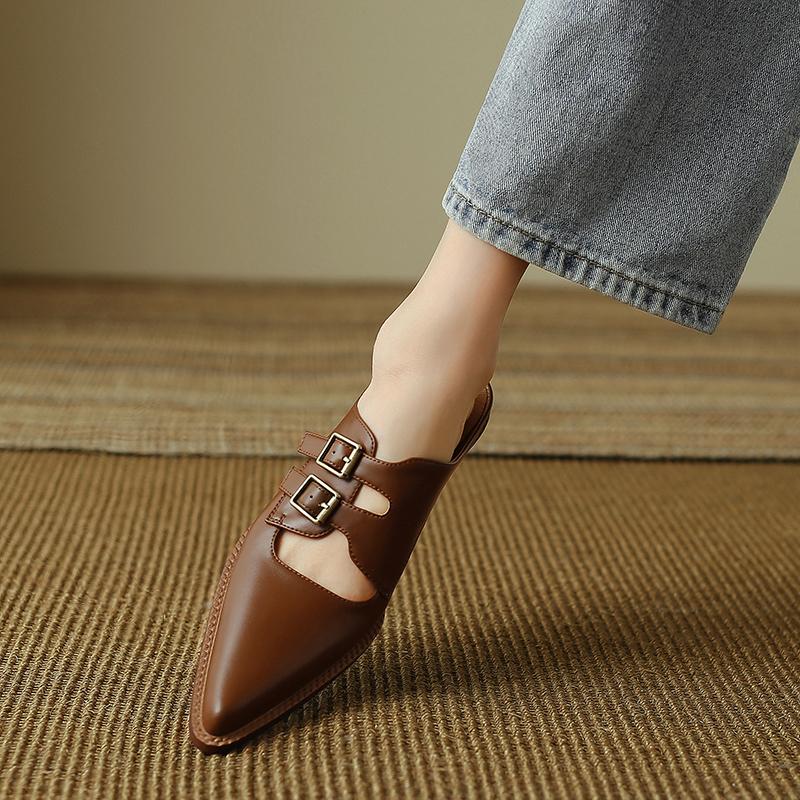 Fashion 2025 Summer Women Shoes Genuine Leather Shoes for Women Covered Toe Chunky Heel Mules Slingback Women Sandals Handmade Slippers