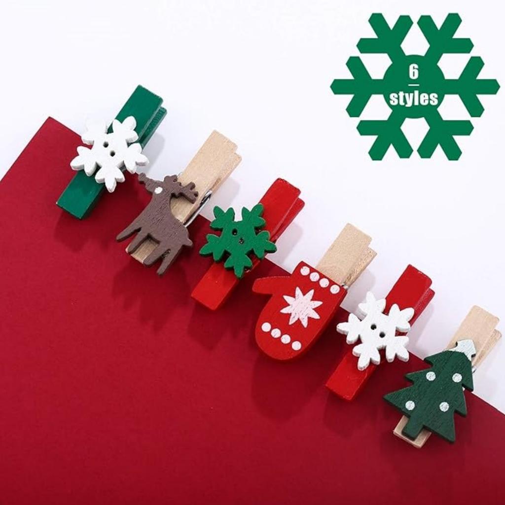 100PCS Christmas Wood Clips Christmas Tree Photo Clips Elk Gloves Snowflake Clothespins DIY Photo Pegs for Home Art Craft Decor