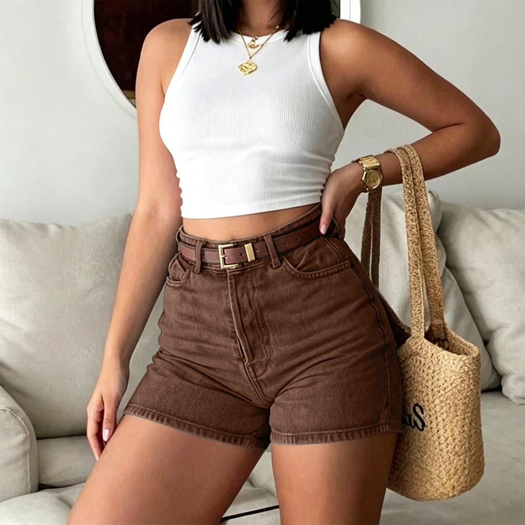 Women High Waist Vintage Denim Shorts Slim Fit Casual Hot Pants with Belt for Summer Everyday Wear