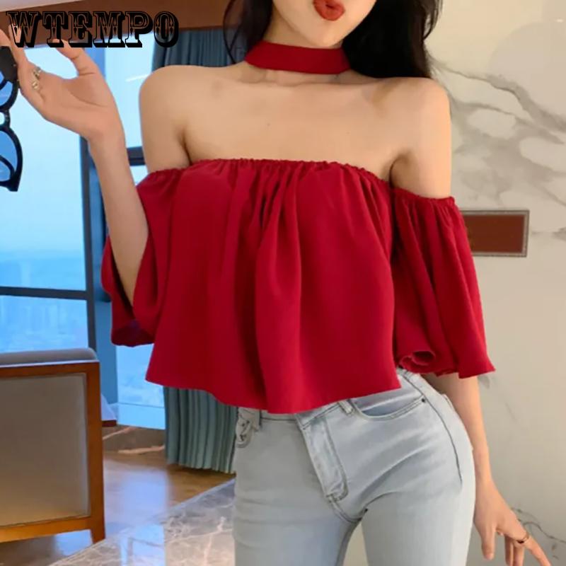 WTEMPO Léto s vypnutým ramenem Korejský styl Krátké topy s ohlávkou Dámské Jednobarevné Šifonové halenky Krátký rukáv Krátký rukáv