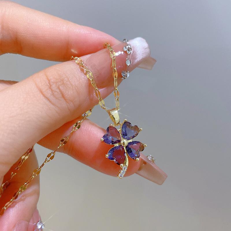 Simple Lucky Colorful Zircon Clover Pendant Necklace for Women Girls Stainless Steel Chain Jewelry Gold Color Accessories Gifts