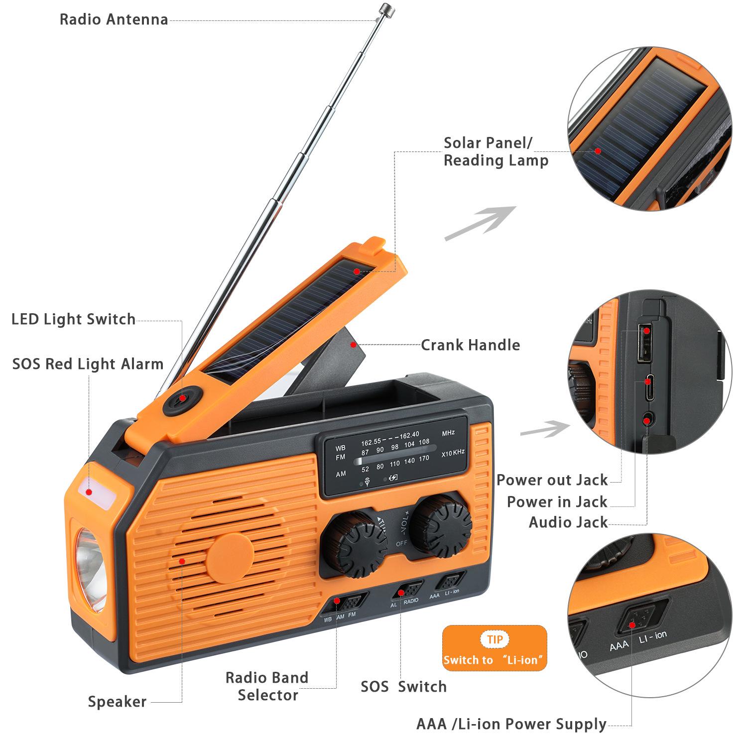 

Portable Multifunctional Solar Emergency Radio with Hand Crank FM AM/FM Japan Version 5000mAh оранжевый