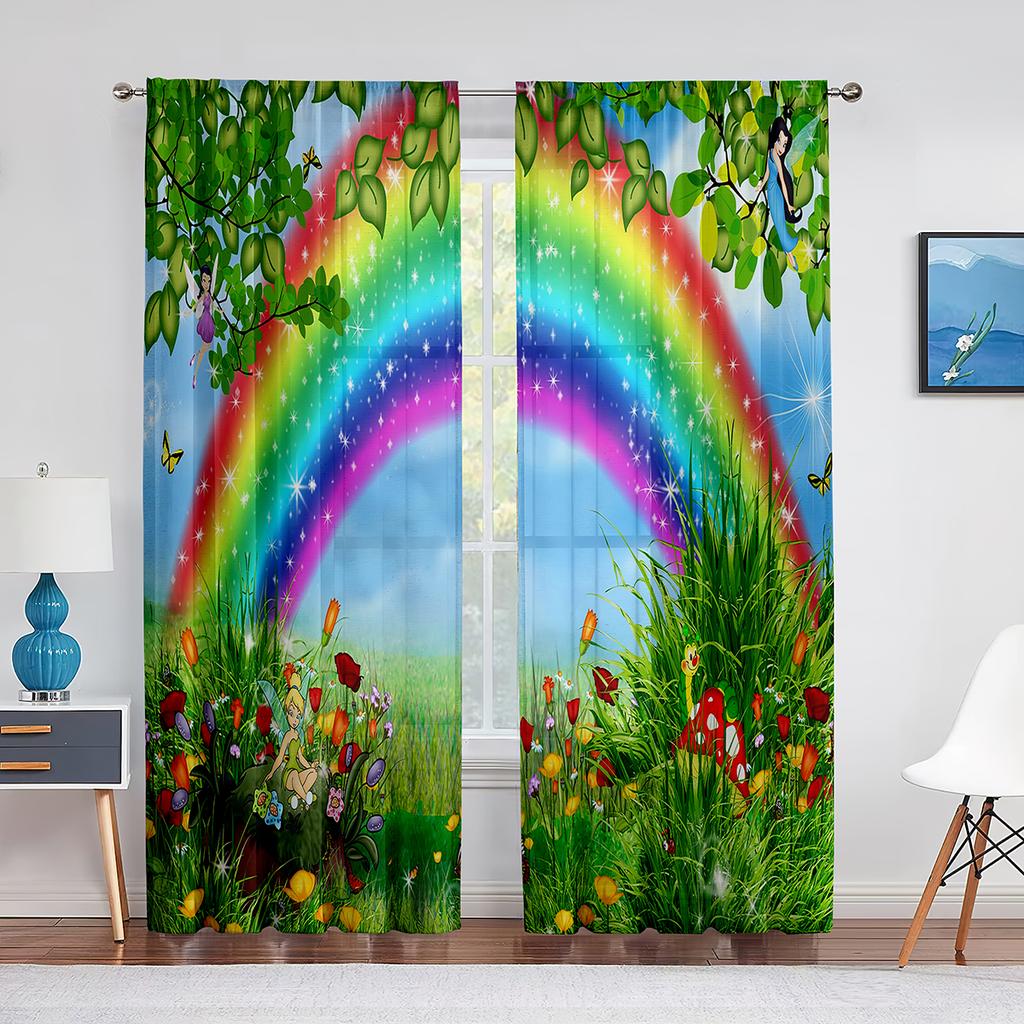 Fluffy Clouds and Rainbow Sky Tulle Curtains for Living Room Kids Bedroom Decoration Chiffon Sheer Voile Window Curtain Drapes