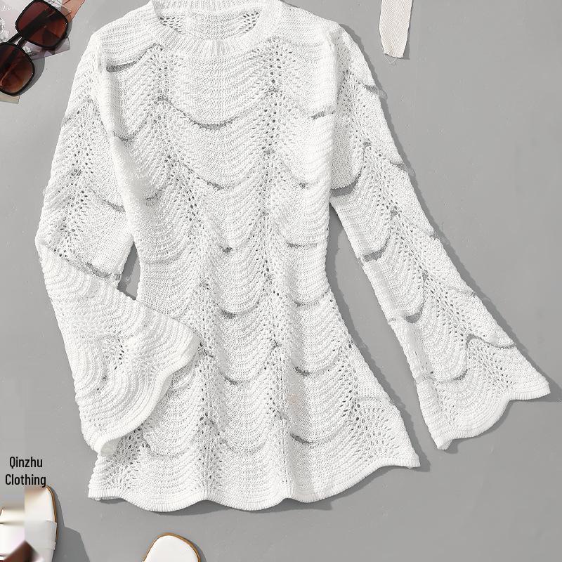 

Стильная пляжная накидка в полоску на лето 2024 - Круглый вырез, Длинный рукав, Рубашка для защиты от солнца Large белый