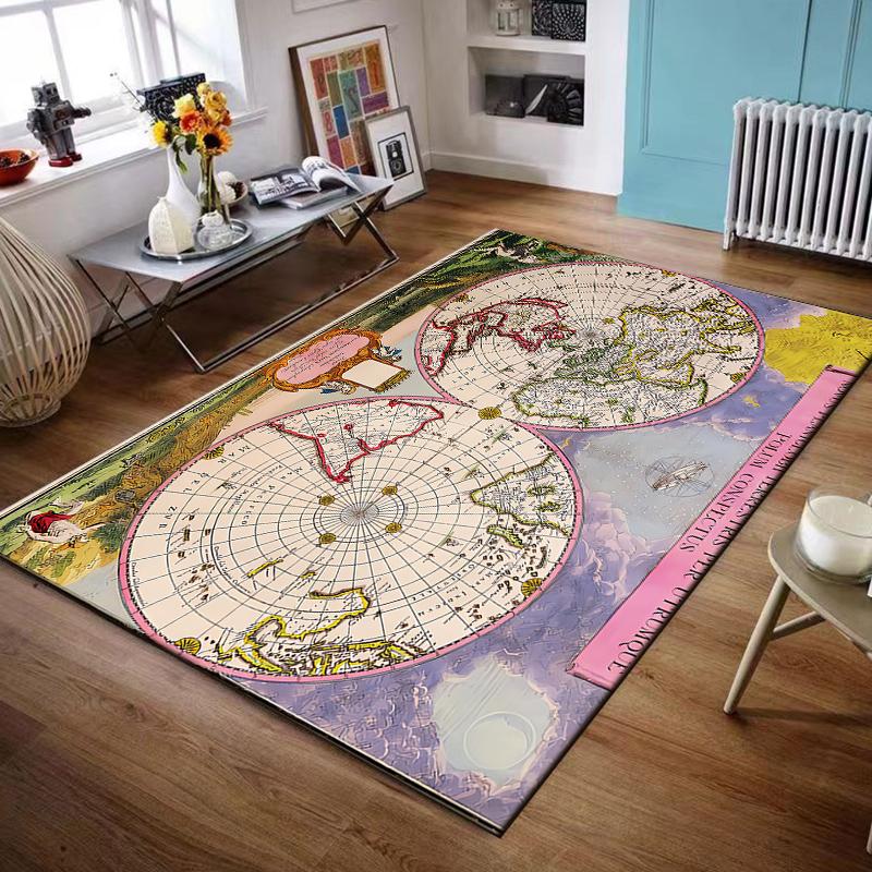 Area Rug Antique Double Hemisphere World Map Pink Border Vintage Cartography Carpet for Living Room Bedroom Office Study Decor Gift for him