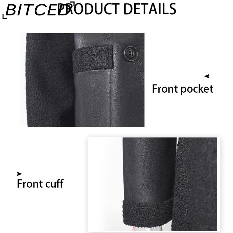 BITCED Mid-Length Women's Leather Jacket with Patchwork Details, Reversible Vintage Style, Fleece-Lined Thickened Leather and Fur Combination Coat
