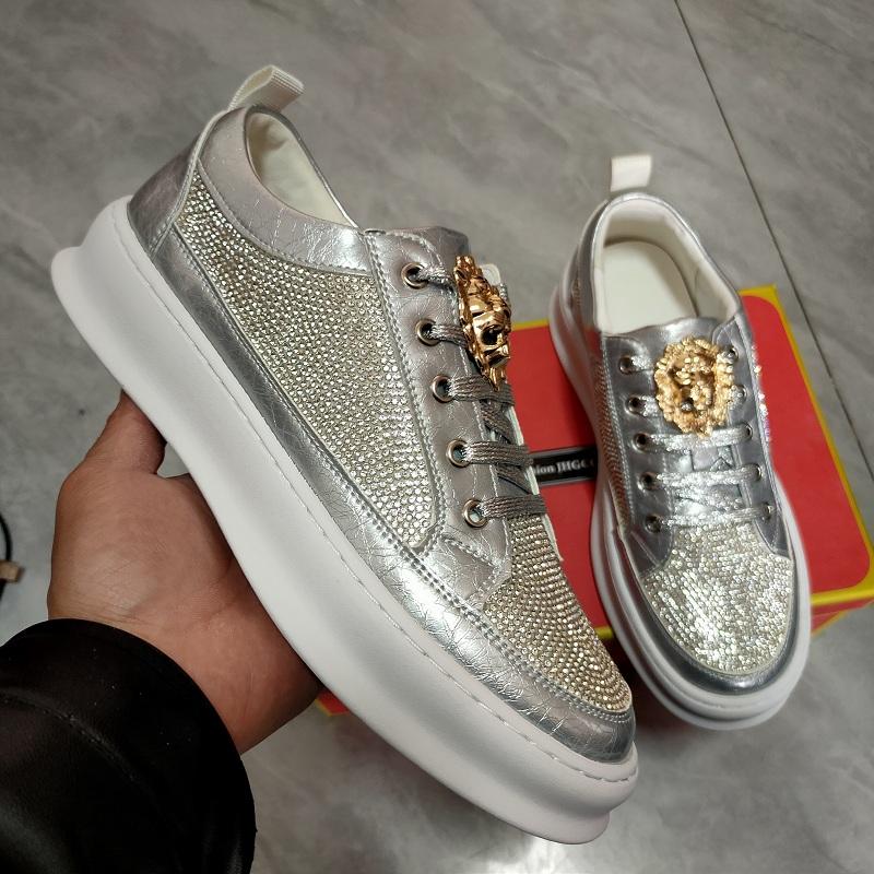 Fashion Men's Gold Rhinestone Casual Shoes White Platform Breathable Full with Sneakers Diamond Skates