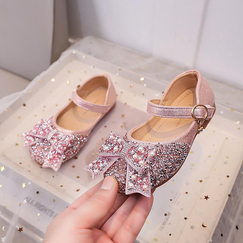 Girls Sparkle Rhinestone Princess Bow Mary Jane Shoes with Soft Sole 28