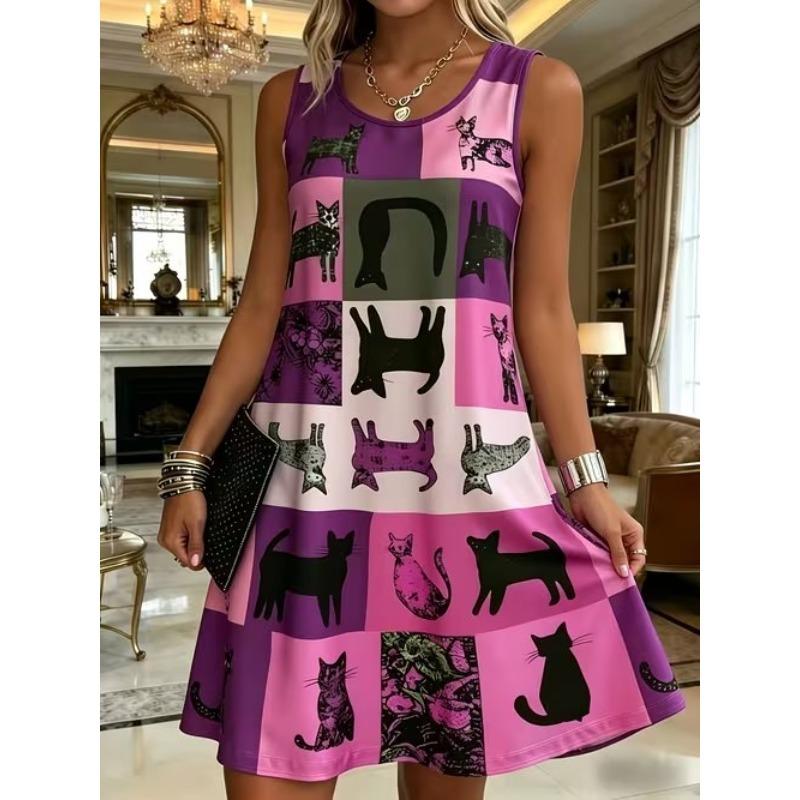 Women's Wave Grid Printed Sleeveless Round Neck Dress Loose Soft and Comfortable Plus Size Dress