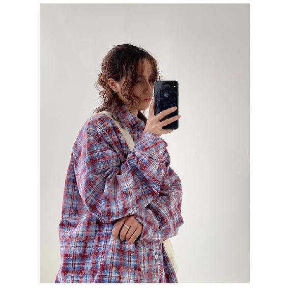 Blackbb Women's Tie-Dyed Plaid Shirt, 24 Spring and Autumn New Loose Casual Lazy Coat