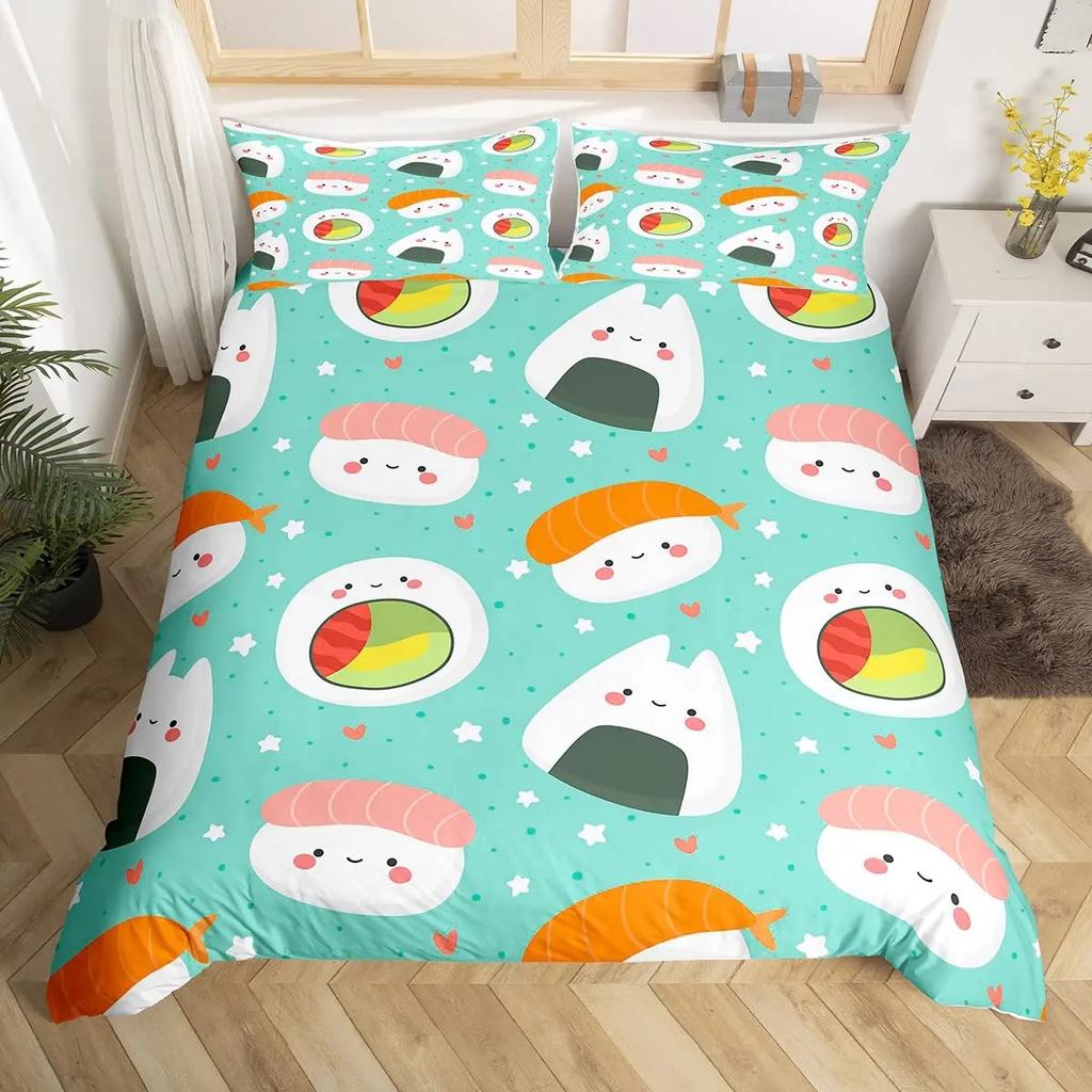 Sushi Comforter Cover,Kawaii Rice Printed Duvet Cover,Cartoon Sushi Food Bedding,Salmon Caviar Sushi Japanese Style Quilt Cover