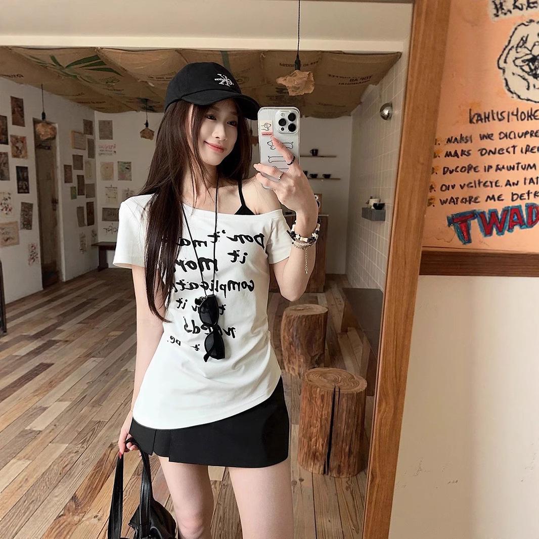 

Women s Summer American Hot Girl One-Shoulder Letter Print Bodycon Top Large білий