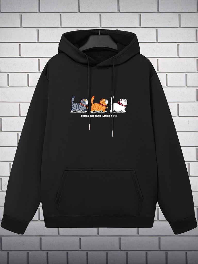 Men's Hoodie with Three Cats Queuing Pattern, Fun Cartoon Design, Trendy Autumn and Winter Versatile Fashion Warm Hoodie Jacket