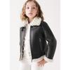 Kids Boys and Girls Autumn and Winter Fleece PU Leather Turn-down Collar Solid Color Zip Jacket