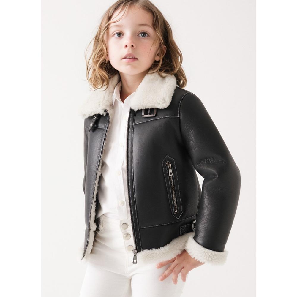 Kids Boys and Girls Autumn and Winter Fleece PU Leather Turn-down Collar Solid Color Zip Jacket