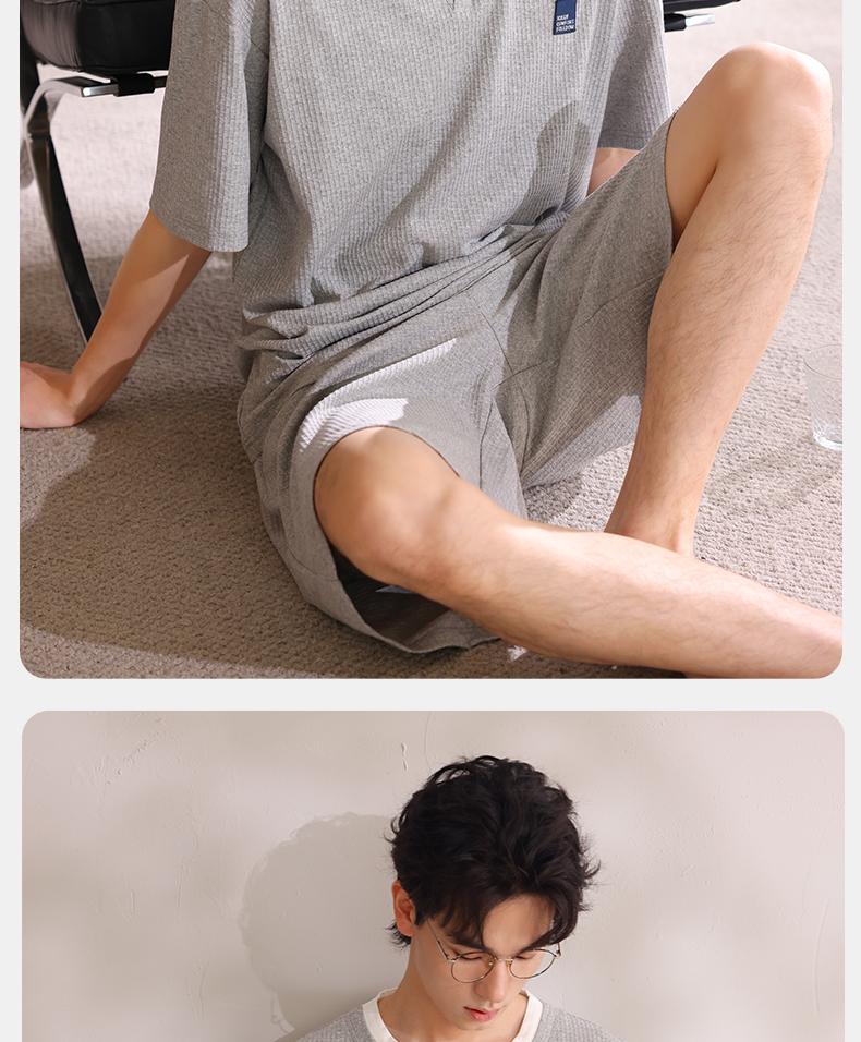 Xuan Liang Sleepwear Men's Summer Thin Cotton Short sleeved Shorts Cool Feel Waffle Outerwear Home Clothes Set