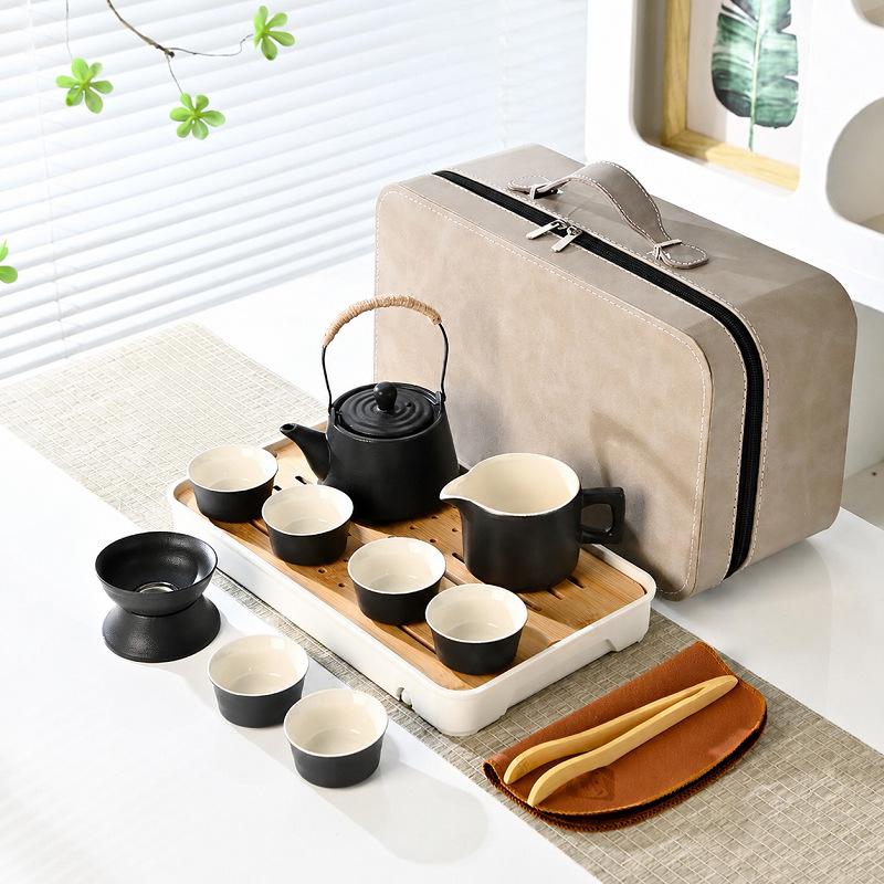 Black pottery beam pot travel tea set Outdoor leather bag storage bag Portable tea tray complete set Company gifts