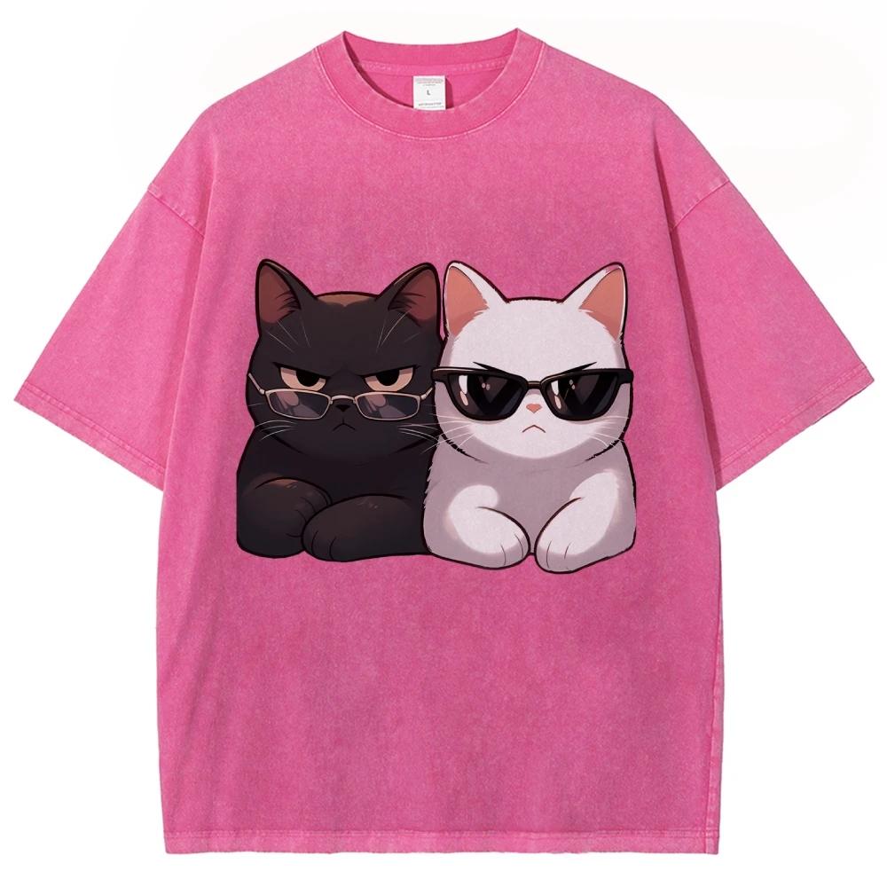 T-shirt da Donna Unisex Stampa Grafica Gatto Cartone Animato Bianco e Nero Cotone Morbido Manica Corta Estate Top Carino