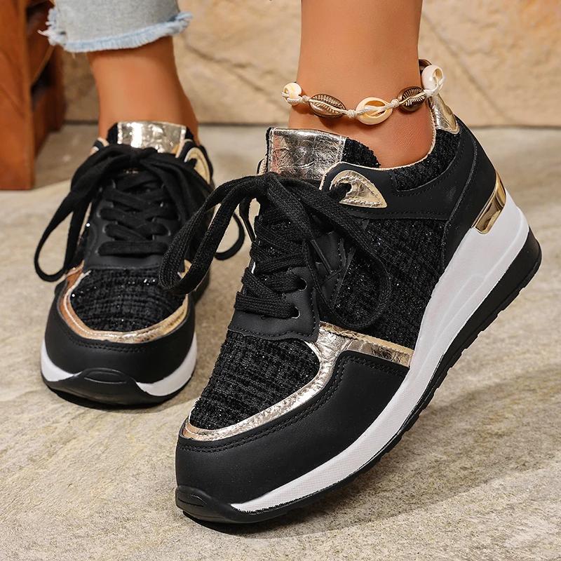 Fashion Fashion Black Platform Sports Shoes for Women Round Toe Lace Up Wedge Sneakers Woman Thick Sole Non Slip Casual Shoes Plus Size