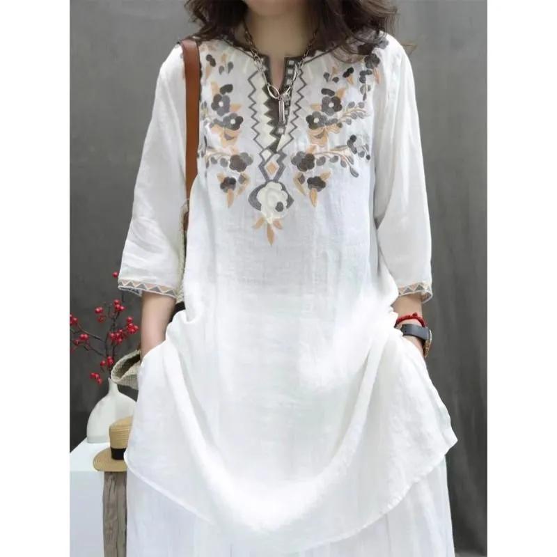 Women s s Summer Floral Embroidery Long Blouse Vintage Thin Split Shirts Medium To Long Loose Cotton Linen Shirt XS белый