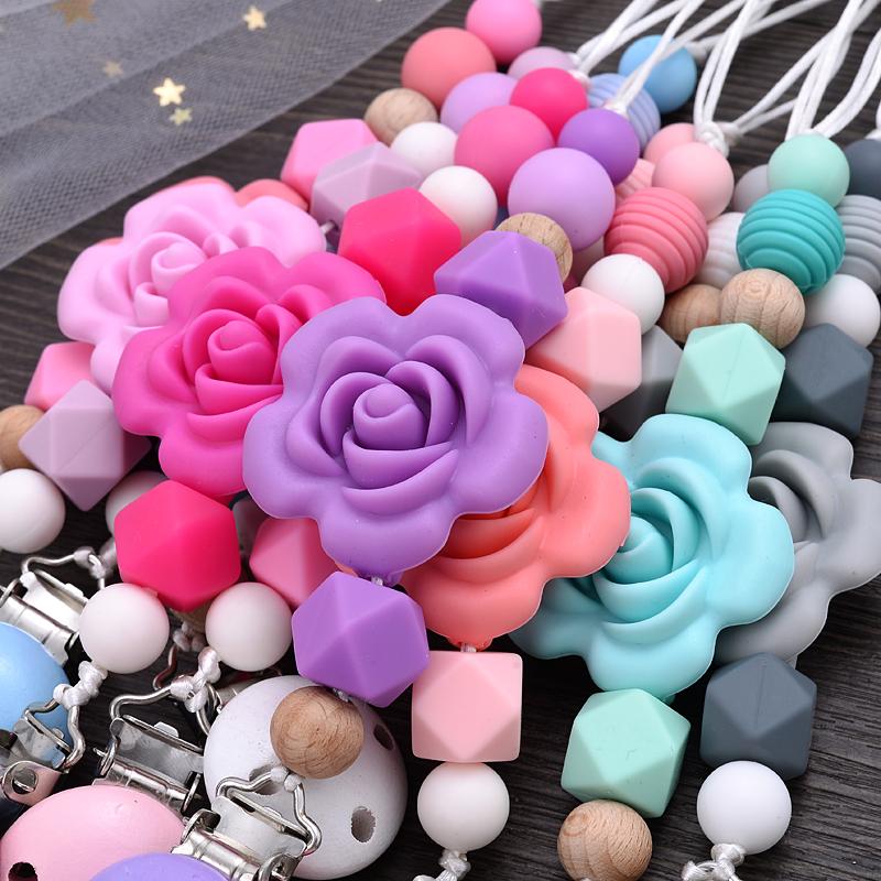 Baby Teether Pacifier Chain Silicone Wood Beads Pacifier Clips Infant Nipple Appease Soother Chain Clip Dummy Holder Nipple Clip
