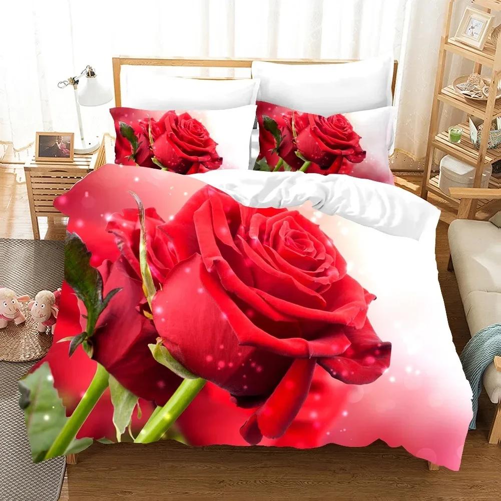 Kwiatowa Poszewka na Kołdrę Czerwona Róża Pościel Pojedyncza Bliźniacza Podwójna Queen King Cal King Rozmiar Łóżka Zestaw Pościeli